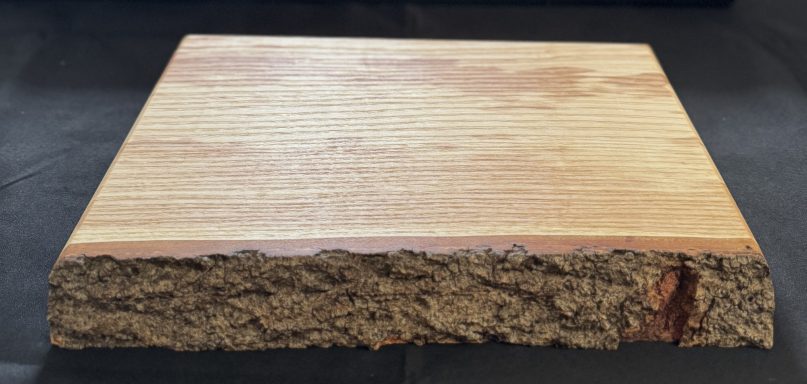 A thick wooden plank with a smooth surface and rough edge, showcasing natural wood grain.