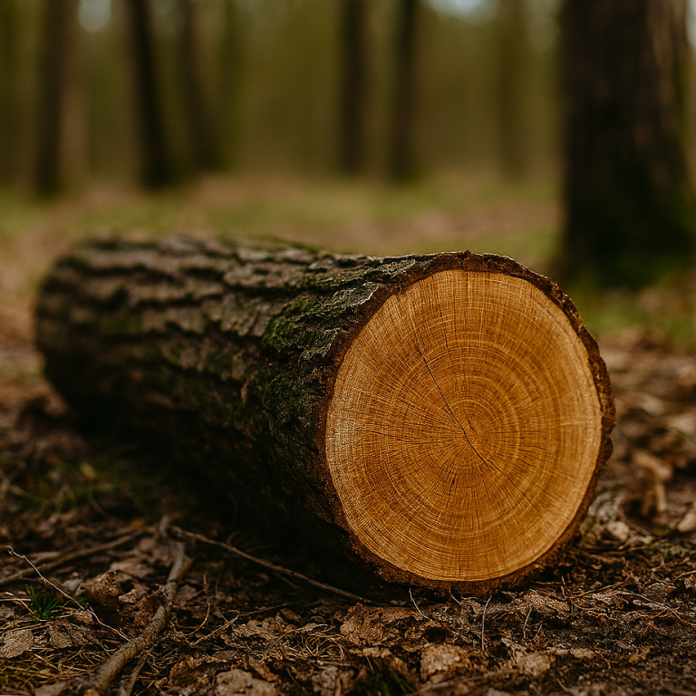 A cross-section of a log lying on forest floor, showing tree rings.
