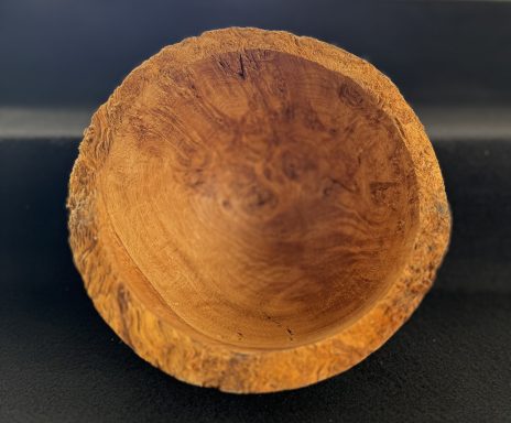 A wooden bowl with a smooth interior and rough, natural edge.